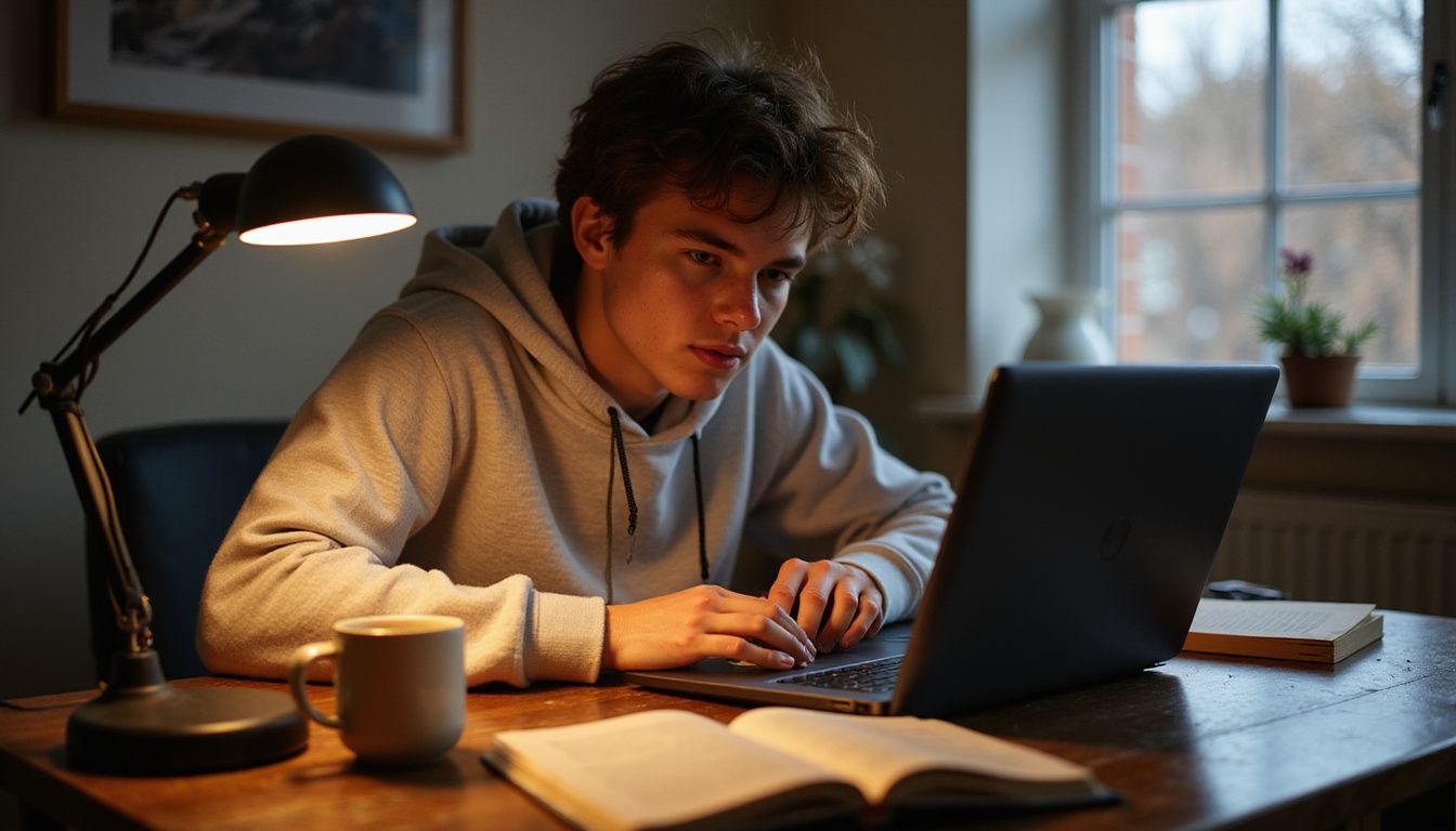 A focused student researches credit card options at their desk.