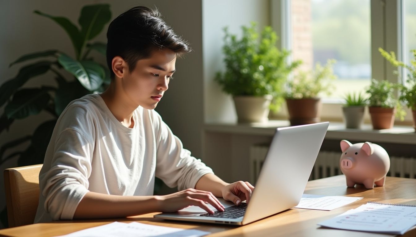 A young adult manages finances at a polished wooden desk.