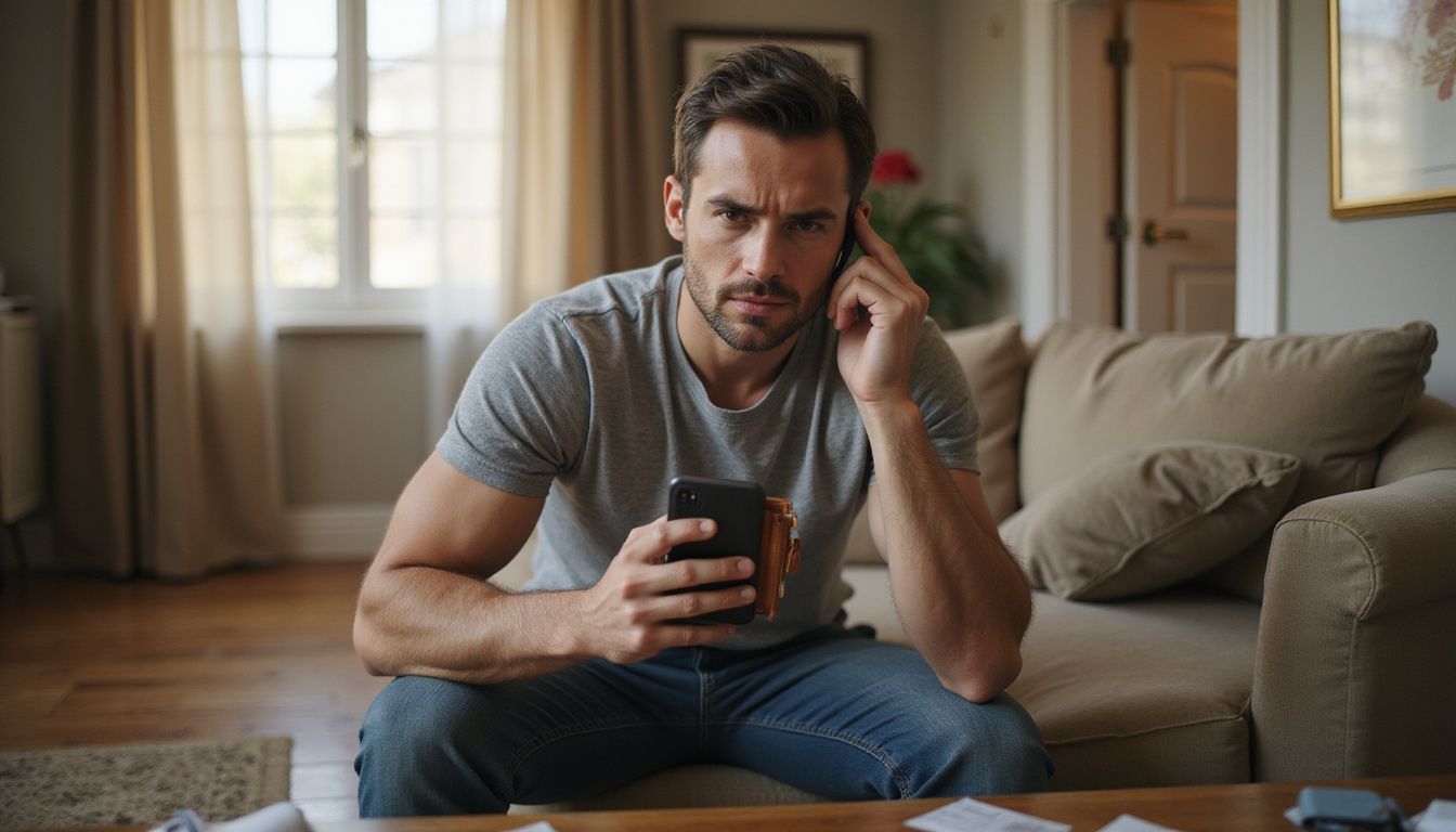 A man reports a stolen credit card while seated on a sofa.