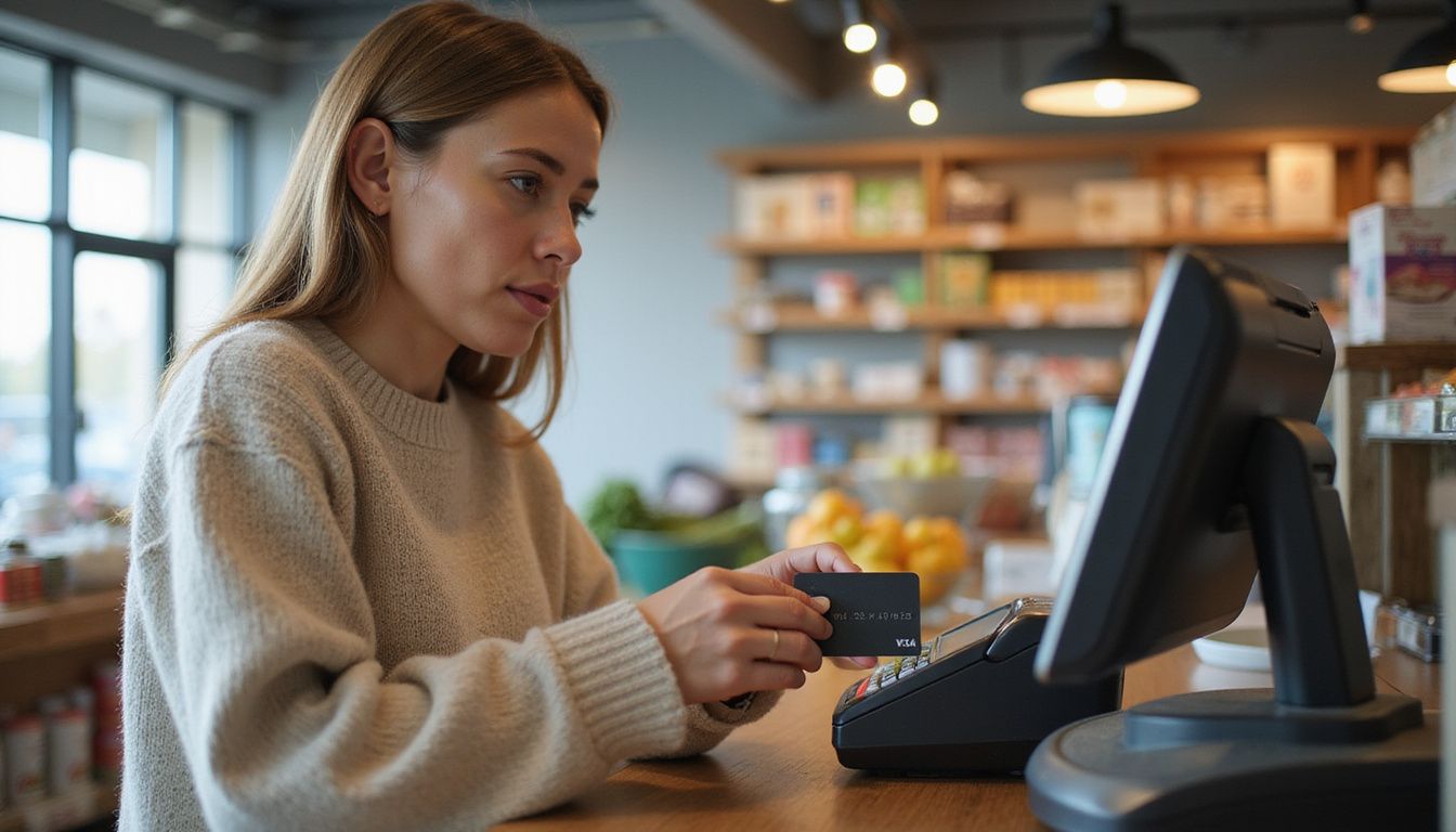 A woman conducts a secure transaction using a credit card.