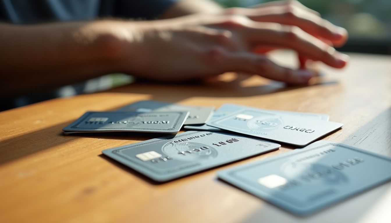 A wooden table displays credit cards and a casual hand nearby.
