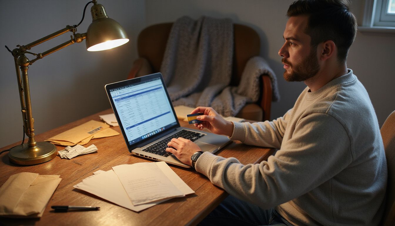 A person manages their finances at a cluttered desk.