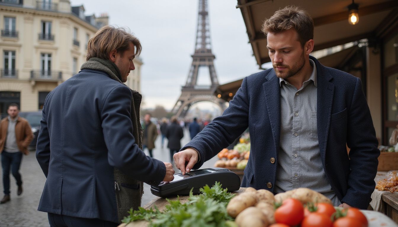 A man completes a purchase at a Parisian market stall.