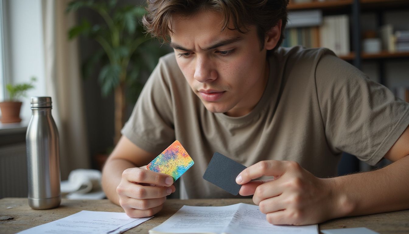 A person compares a credit card and a debit card at a desk.