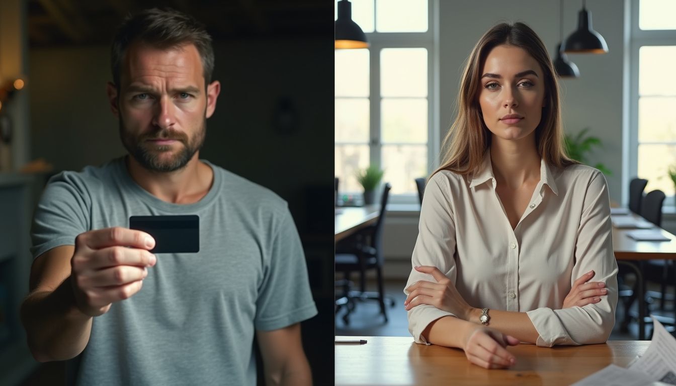 Contrast between a man with a prepaid card and a woman with a secured credit card.