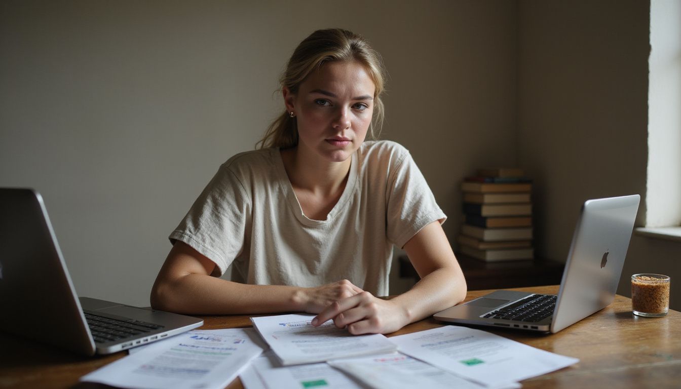 A woman contemplates travel rewards credit cards at a cluttered desk.