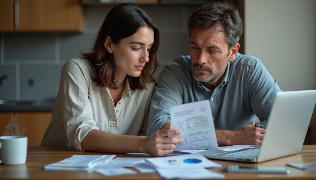 A couple discusses credit card rewards at their kitchen table.