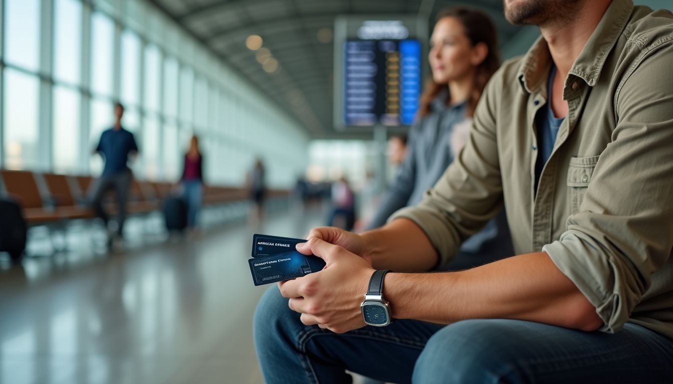 A traveler relaxes in an airport, holding credit cards.