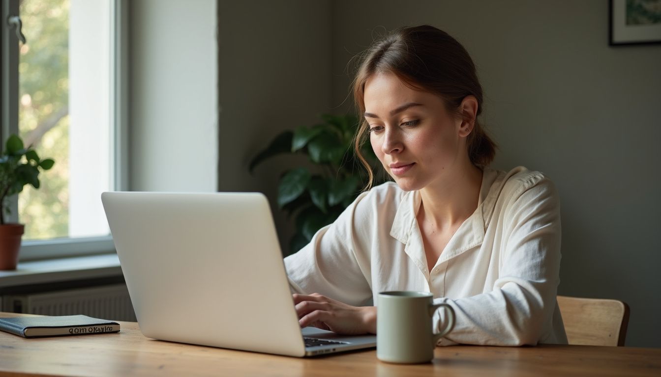 A woman focused on her laptop in a minimalist home office.