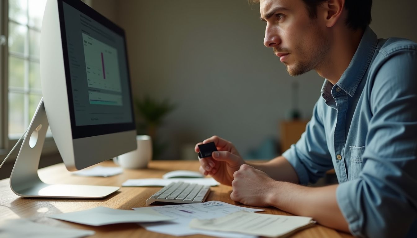 Person managing finances at a desk while holding a credit card.