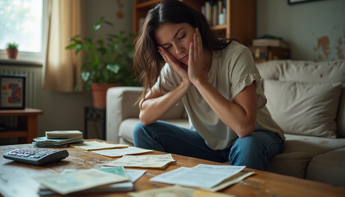 A woman confronts overwhelming credit card bills in a cluttered room.
