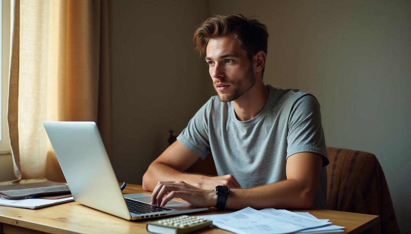 A young adult analyzes credit card statements at a cluttered desk.