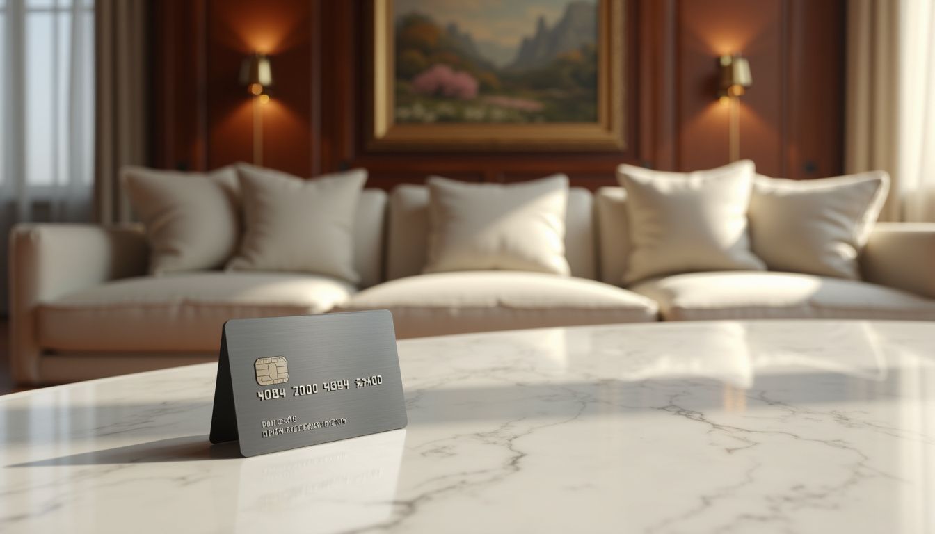 A luxury credit card on a polished marble table in an elegant room.