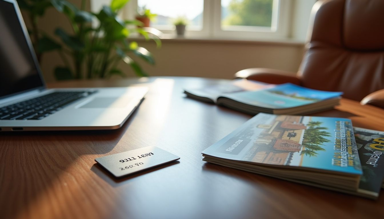 A modern credit card on a walnut desk in a stylish home office.