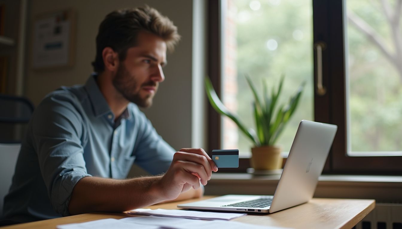 Startup owner evaluates business credit cards at a wooden desk.